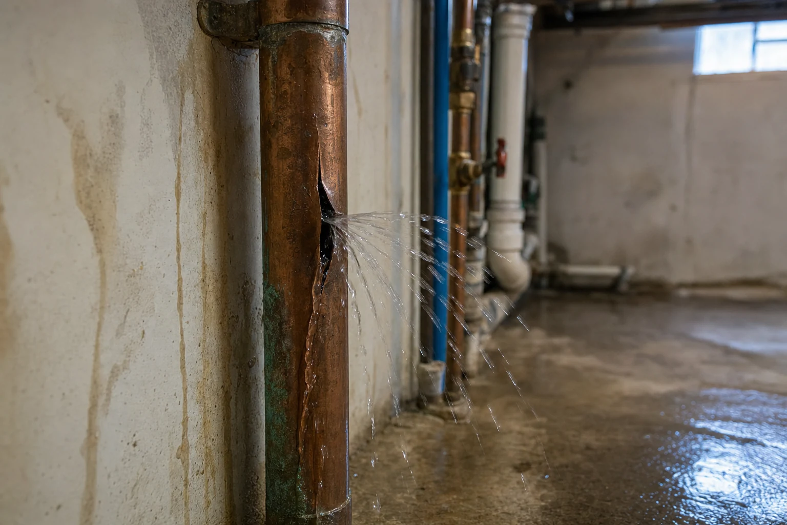 A burst copper supply line spraying water in a basement — the emergency we stabilize and repair fast