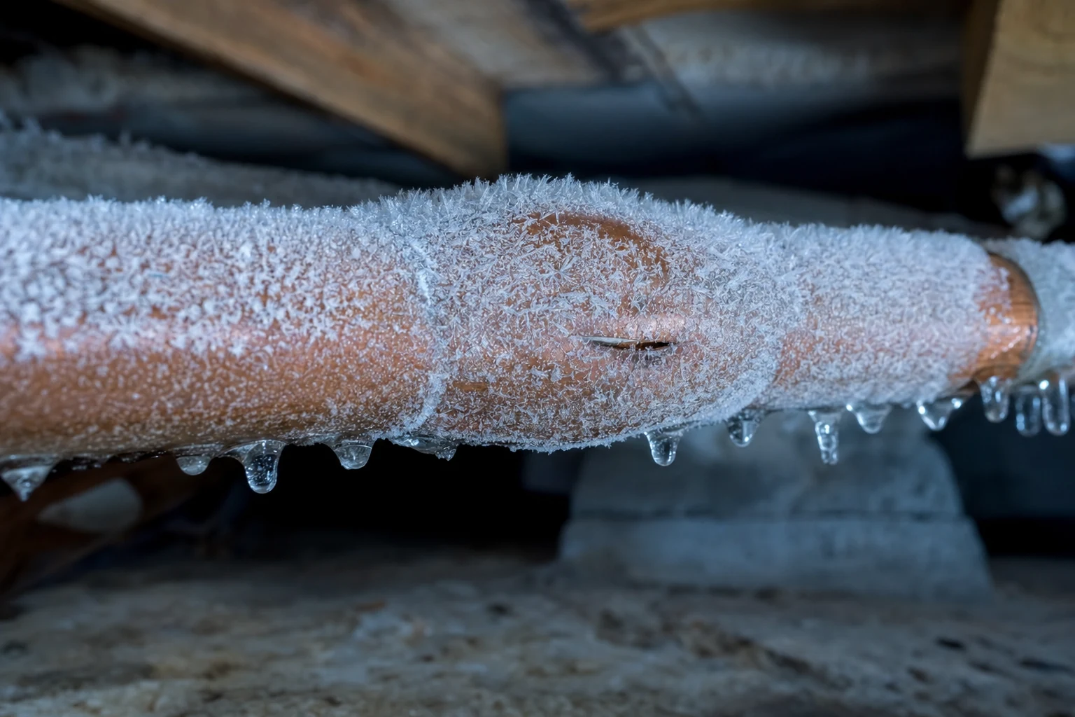 A frozen, frost-covered copper pipe bulging at a stress point — a warning sign it's about to burst