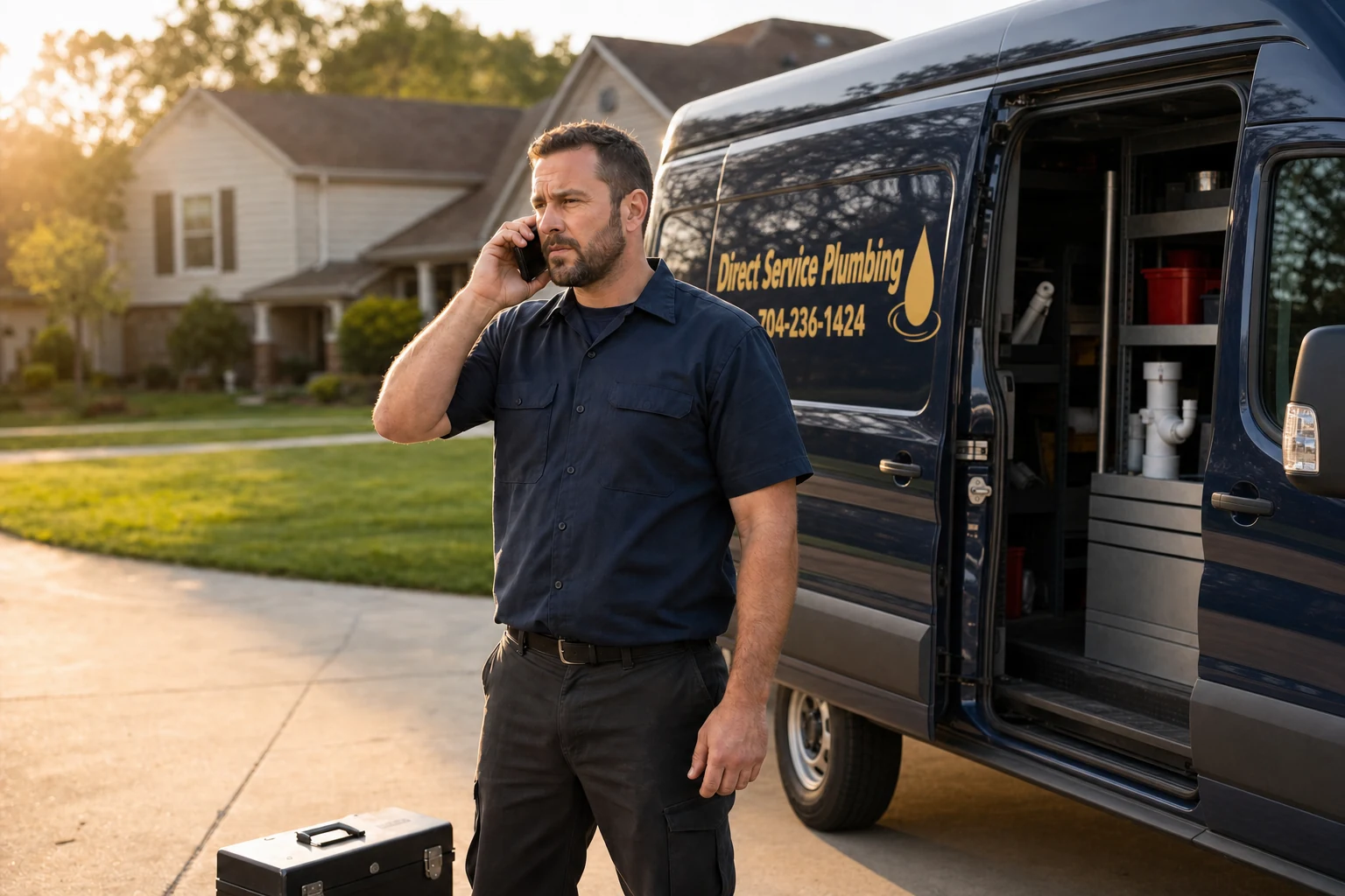 Direct Service Plumbing master plumber taking an emergency dispatch call, branded van and toolbox ready to roll