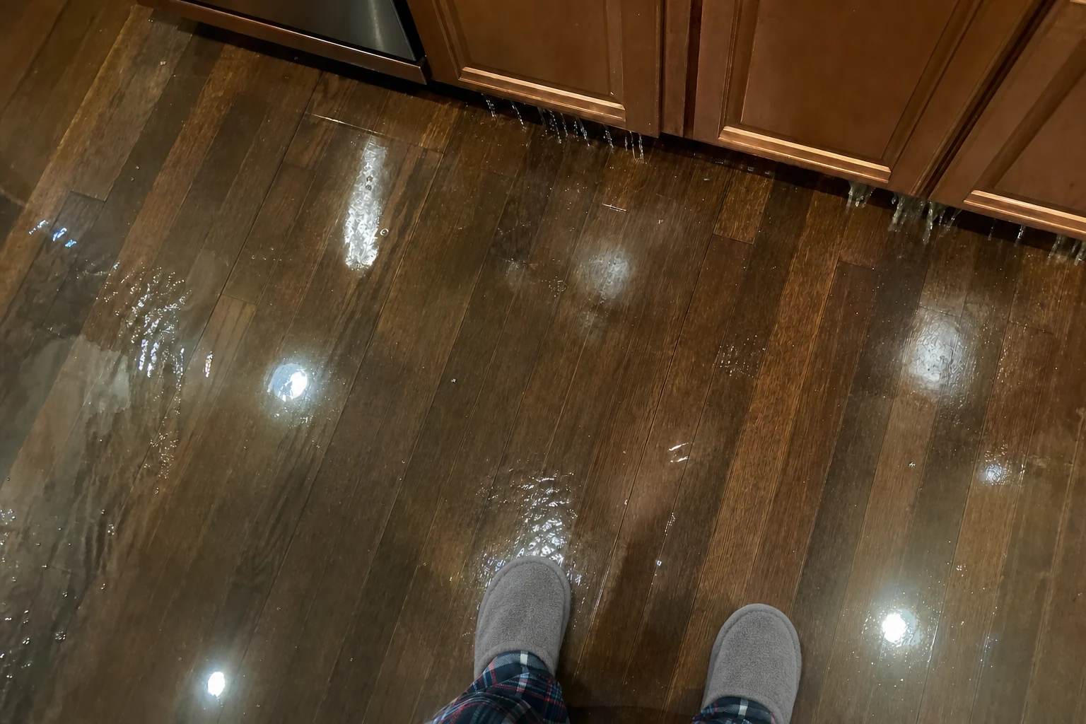 Homeowner's phone photo of water flooding across their kitchen floor at night — the moment they call us