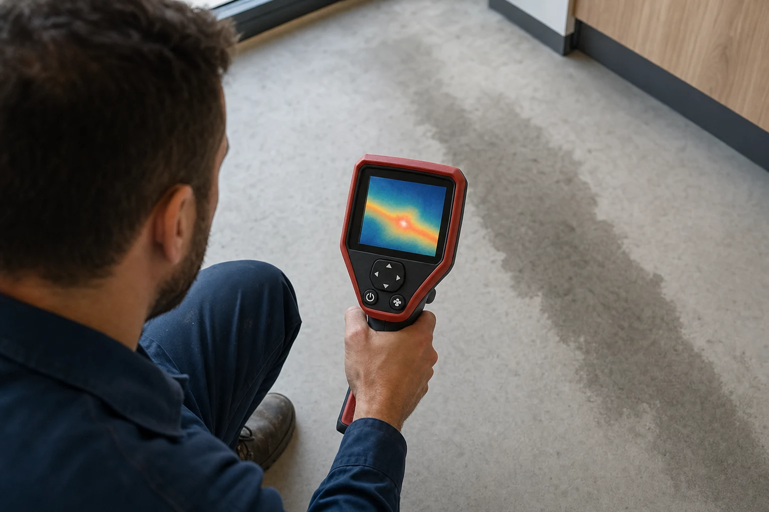 Master plumber using a thermal imaging camera to pinpoint a hidden water leak beneath a concrete slab