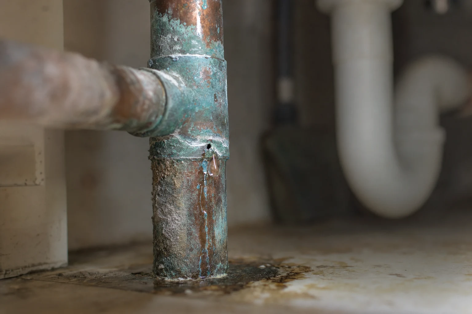 Corroded copper pipe with a pinhole leak and mineral buildup — a visible sign you need a repair