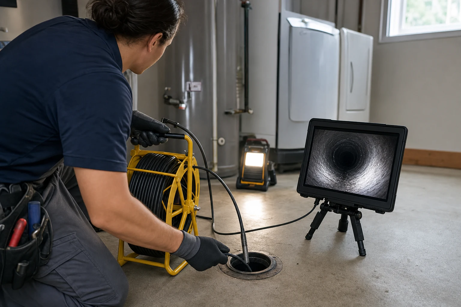 Drain camera inspection — feeding the line and showing exactly what's clogging it
