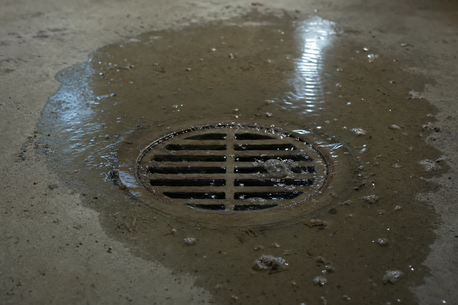A backed-up basement floor drain with murky water pooling — a sign the line needs clearing
